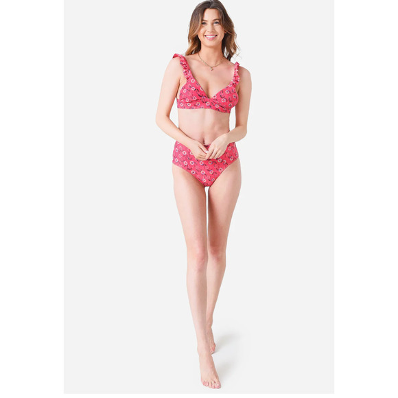 Xirena Kapri Flutter Bikini Top and High Waisted Bottom in Coral Cabana - Picture 2 of 7